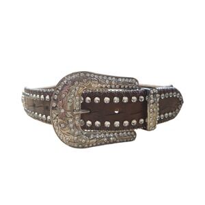 Nocona Kids Brown Faux Crocodile Rhinestone Western Belt Silver Buckle 24